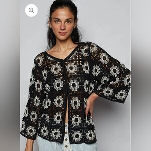 POL Black and White Floral Crochet Cardigan NWOT
